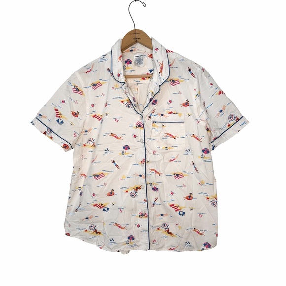 Lands End Beach Print Short Sleeve Button Down Pajama Set Size Medium 10-12 - Picture 2 of 10